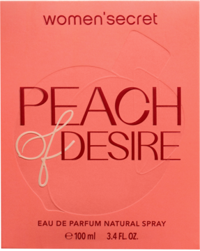 Front brzoskwiniowego opakowania perfum Women'secret Peach of Desire 100ml z napisem i sylwetką flakonu.