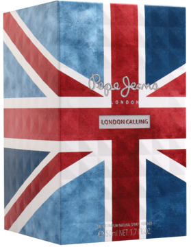 Pudełko perfum Pepe Jeans London Calling For Her, z przodu postarzana flaga Union Jack i srebrne logo.