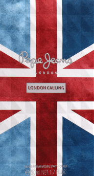 Pepe Jeans LONDON CALLING FOR HER. Pudełko perfum z grafiką flagi Union Jack, czerwono-biało-niebieskie, widok przód.
