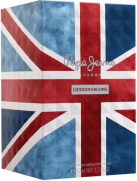 Zapach Pepe Jeans London Calling for Him w kartonowym pudełku z flagą Union Jack, widok z przodu.