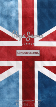 Pepe Jeans LONDON CALLING FOR HER 50ml, pudełko perfum z przodu, z wyblakłą flagą Union Jack i srebrnymi napisami.