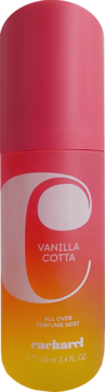 Cacharel Vanilla Cotta All Over Perfume Mist w butelce ombre (róż-pomarańcz-żółć) z logo "C", widok przód.