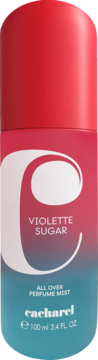Cacharel Violette Sugar mgiełka, cylindryczna butelka z gradientem róż-błękit, białe logo C i napisy.