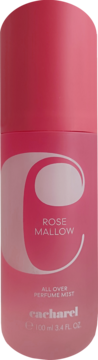Różowa mgiełka perfum Cacharel Rose Mallow 100ml, butelka z matowym wykończeniem, napis 'ROSE MALLOW'.