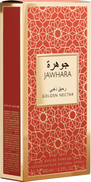 Jawhara Golden Nectar Eau de Parfum, czerwono-złote opakowanie z arabskim wzorem, widok z przodu i boku.