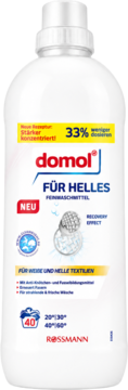 Biała butelka domol FÜR HELLES Feinwaschmittel, widok z przodu, z napisem '33% mniej dozowania', na 40 prań.