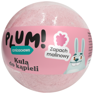 Różowa kula do kąpieli Plum! Czyściochowo Zapach malinowy z etykietą i króliczkiem, widok z przodu.