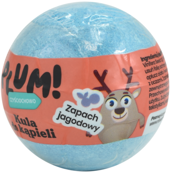 Niebieska kula do kąpieli Plum! Czyściochowo o zapachu jagodowym, z pomarańczową etykietą i rysunkowym reniferem, widok pod kątem.