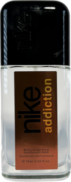 Flakon perfumowanego dezodorantu Nike Addiction Man 75ml, przezroczysty, z brązową etykietą i czarnym korkiem.