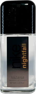 Męski dezodorant perfumowany Nike Nightfall (75ml) w przezroczystej butelce z czarną etykietą i nakrętką, widok z przodu.