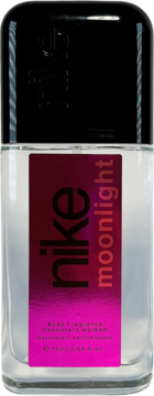 Przezroczysta butelka damskiego dezodorantu Nike Moonlight 75ml, z czarną zakrętką i różową etykietą, widok z przodu.