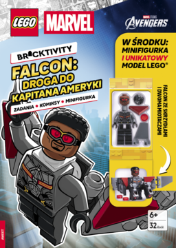 Okładka LEGO Marvel Falcon: Droga do Kapitana Ameryki z minifigurką Falcona ze skrzydłami i miotaczami.