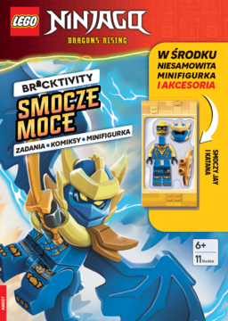 Okładka książki LEGO Ninjago Dragons Rising: Smocze Moce, z niebieskim Jayem-ninja i minifigurką Smoczy Jay.