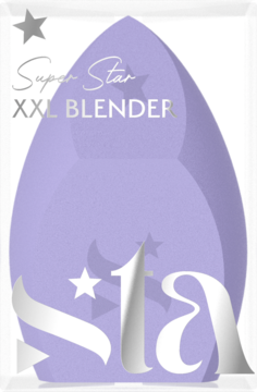 Fioletowy SUPER STARS XXL BEAUTY BLENDER w przezroczystym opakowaniu ze srebrnymi napisami, widok z przodu.