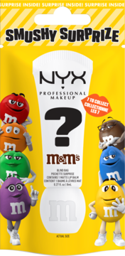Żółta saszetka M&M's Smushy Surprize NYX, z białą tubką z ?, M&M's, kolekcja matowych balsamów.