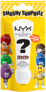 Blind Box NYX x M&M’S Smushy Surprize matowy balsam do ust, żółte opakowanie z postaciami M&M’S.