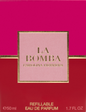 Frontowe opakowanie perfum LA BOMBA Carolina Herrera, różowo-czerwone, REFILLABLE EAU DE PARFUM 50ml.