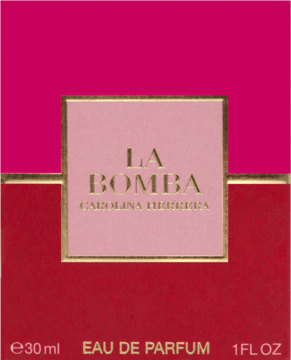 Perfumy La Bomba Carolina Herrera 30ml, różowo-czerwone pudełko z złotym napisem, widok z przodu.