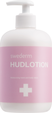 Swederm Hudlotion, biała butelka z różową etykietą, nawilżający balsam do ciała z pompką, widok z przodu.
