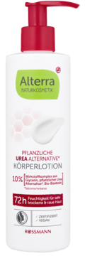 Biała butelka Alterra Naturkosmetik Urea Alternative Körperlotion z czerwoną pompką, 72h nawilżenia, widok z przodu.