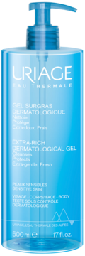 Front niebieskiej, przezroczystej butelki Uriage Extra-Rich Dermatological Gel 500ml z pompką do skóry wrażliwej.