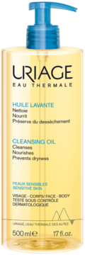 Uriage Cleansing Oil 500ml dla skóry wrażliwej w przezroczystej butelce z niebieską pompką, widok z przodu.