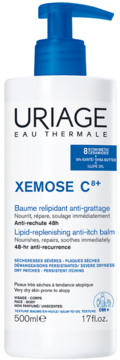 Front view of Uriage Xemose C8+ Lipid-replenishing anti-itch balm in a white 500ml pump bottle with blue pump.