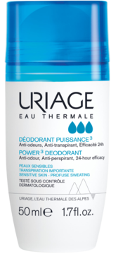 Biały roll-on Uriage Power 3, dezodorant 24h na wrażliwą skórę, z niebieską zakrętką, widok z przodu.