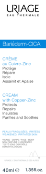 Krem Uriage Bariéderm-CICA z miedzią i cynkiem do skóry podrażnionej, 40ml, białe opakowanie z niebieskim pasem, widok z przodu.