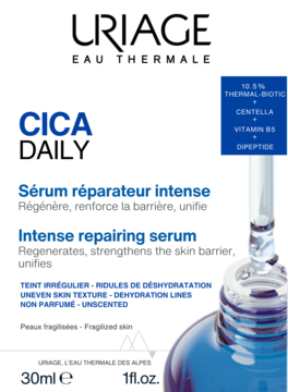 Uriage CICA DAILY serum intensywnie odbudowujące, regeneruje barierę skórną, w niebieskiej butelce z przodu.