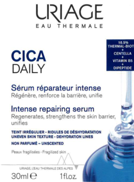 Uriage Cica Daily Serum, niebieska butelka z pipetą, intensywnie odbudowujące, regeneruje i wzmacnia barierę skórną.
