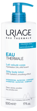 Balsam Uriage Eau Thermale Silky body lotion 500ml z kwasem hialuronowym, biała butelka, niebieska pompka, widok frontalny.