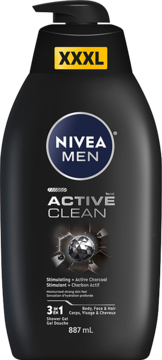 Nivea Men Active Clean XXL 3w1, czarny żel pod prysznic z aktywnym węglem, butelka 887ml z pompką, widok przód.