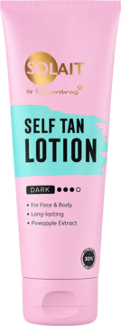 Różowo-turkusowa tuba Solait Self Tan Lotion Dark, do twarzy i ciała, długotrwały, ekstrakt z ananasa.