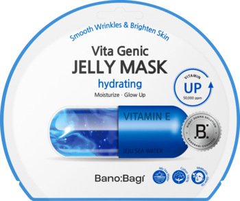Okrągła maska Banobagi Vita Genic Jelly Hydrating z witaminą E, białe opakowanie z grafiką niebieskiej kapsułki.