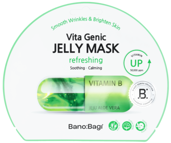BanoBagi Vita Genic Jelly Mask Refreshing (Vitamin B) w białej saszetce z zieloną kapsułką, widok z przodu.