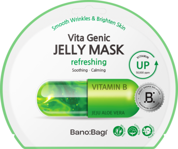 Banobagi Vita Genic Jelly Mask Refreshing (Vitamin B), okrągła etykieta, zielona kapsułka, koi i odświeża skórę.