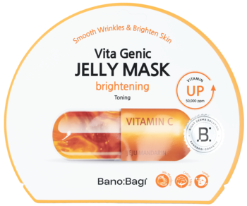 Banobagi Vita Genic Jelly Mask Brightening Vitamin C w białym opakowaniu z pomarańczową kapsułką, widok z przodu.