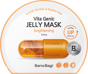 Banobagi Vita Genic Jelly Mask Brightening Vitamin C, okrągłe opakowanie z pomarańczową kapsułką na białym tle.