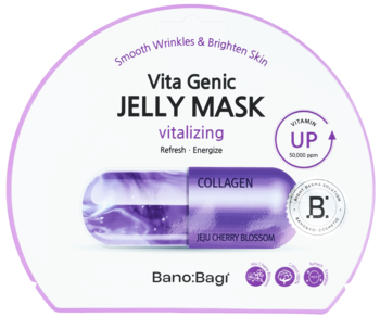 Biała, okrągła maska Banobagi Vita Genic Jelly Vitalizing (Collagen) z grafiką fioletowej kapsułki. Rewitalizuje i nawilża skórę.