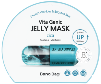 Okrągła maska w płachcie Banobagi Vita Genic Jelly Mask Cica, białe opakowanie z niebieską kapsułą. Widok z przodu.