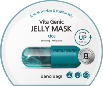 Maska Banobagi Vita Genic Jelly Mask Cica w białym opakowaniu, z dużą turkusową kapsułą Centella Complex, kojąca i nawilżająca.