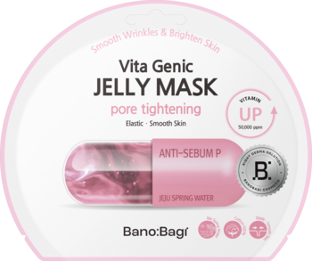 Okrągła maska Banobagi Vita Genic Jelly Mask Pore Tightening. Biało-różowe opakowanie z kapsułką Anti-Sebum P.