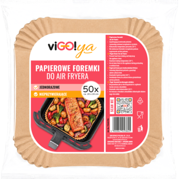 VIGO!ya papierowe foremki do air fryera, 50 szt., brązowe i nieprzywierające, widok z przodu.