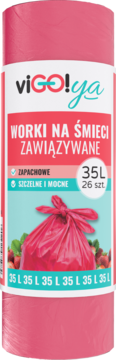 Rolka różowych, zapachowych worków na śmieci ViGO!ya 35L z zawiązywanymi uszami, widok z przodu.