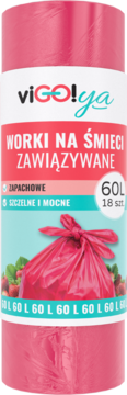 Różowe worki na śmieci ViGO!ya 60L z wiązaniem, zapachowe, w zrolowanym opakowaniu, z ilustracją owoców.