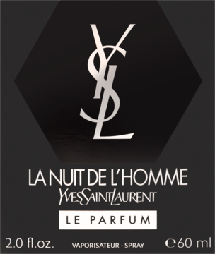 Ciemna, sześciokątna etykieta YSL La Nuit De L'Homme Le Parfum 60 ml, widok z przodu, srebrne logo.