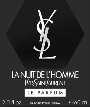 Czarne opakowanie perfum męskich Yves Saint Laurent La Nuit De L'Homme Le Parfum, z białym logo YSL, widok z przodu.