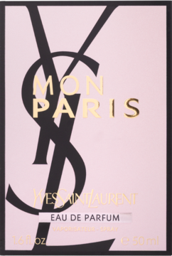 Opakowanie perfum YSL Mon Paris Eau de Parfum 50ml, różowe z czarnym logo YSL i złotym napisem.