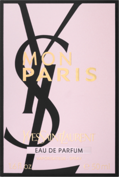 Yves Saint Laurent Mon Paris EDP, różowe pudełko z czarnym logo YSL i złotym napisem, widok z przodu.